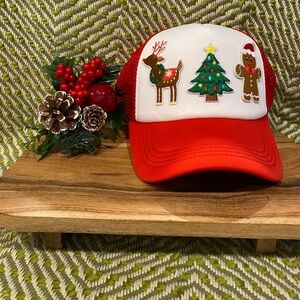 Festive Red Holiday Cap with Embroidered Designs